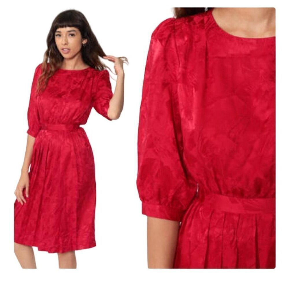 Argenti Vintage 80s Red 100% Pure Silk Midi Dress Size 8